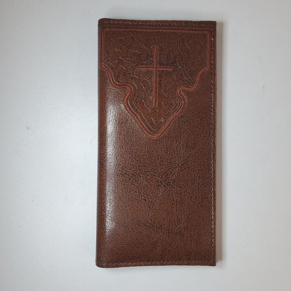 Men’s Brown Coated Leather Wallet Checkbook Embroidered Holy Cross Design NWOT